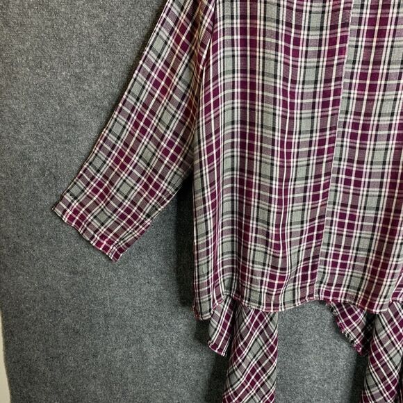Knox Rose Open Cardigan Shirt Waterfall Front Maroon Plaid Sz L Rayon Tan Roll - Picture 12 of 14